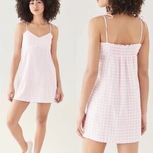 NEW Sokie Collective Pink Gingham Mini Dress Adjustable Tie Straps Smocked Back